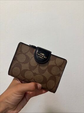 Coach Brown Signature Canvas Card Holder with Black Trim